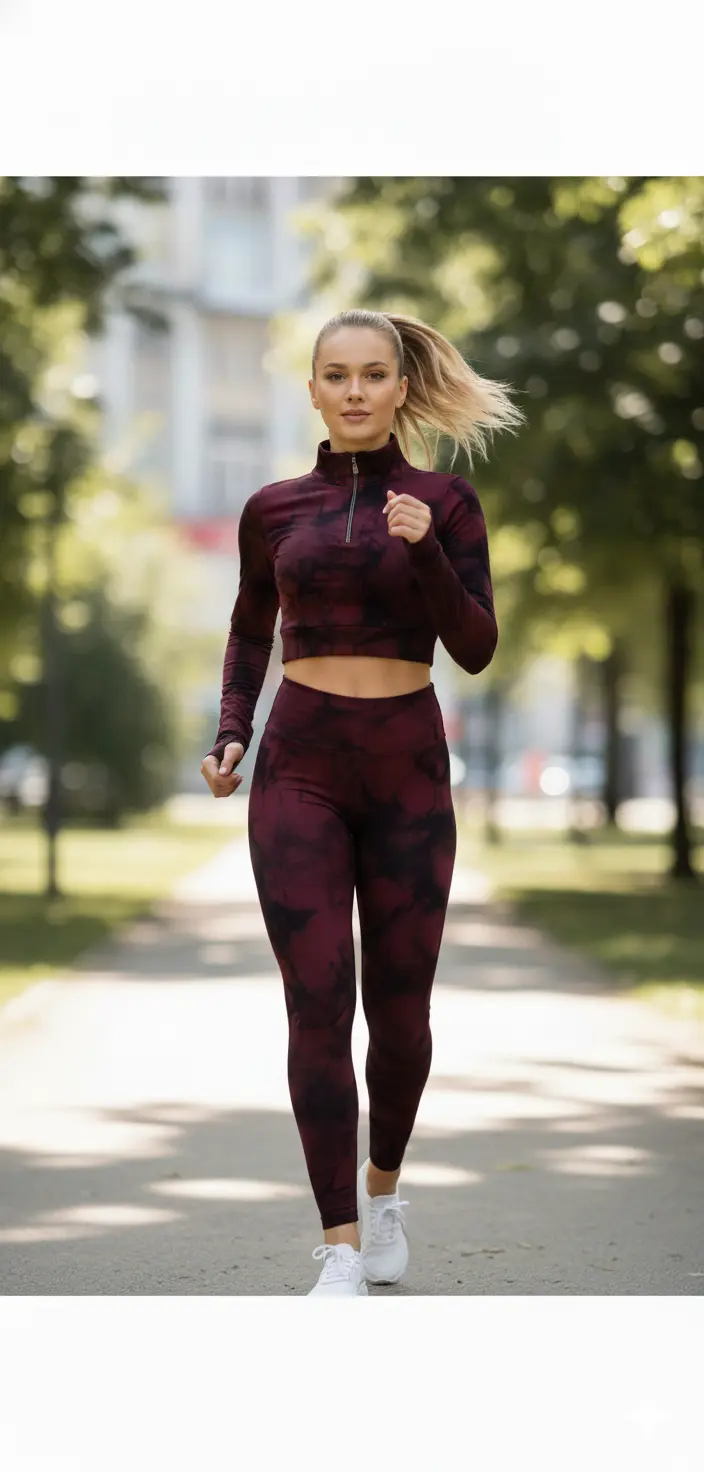 Kadın Bordo Batik Tayt Takım | Yüksek Bel Toparlayıcı Sporcu Taytı ve Yarım Fermuarlı Uzun Kollu Crop Top Set | Dikişsiz Yoga & Fitness Giyimi - Görsel 4