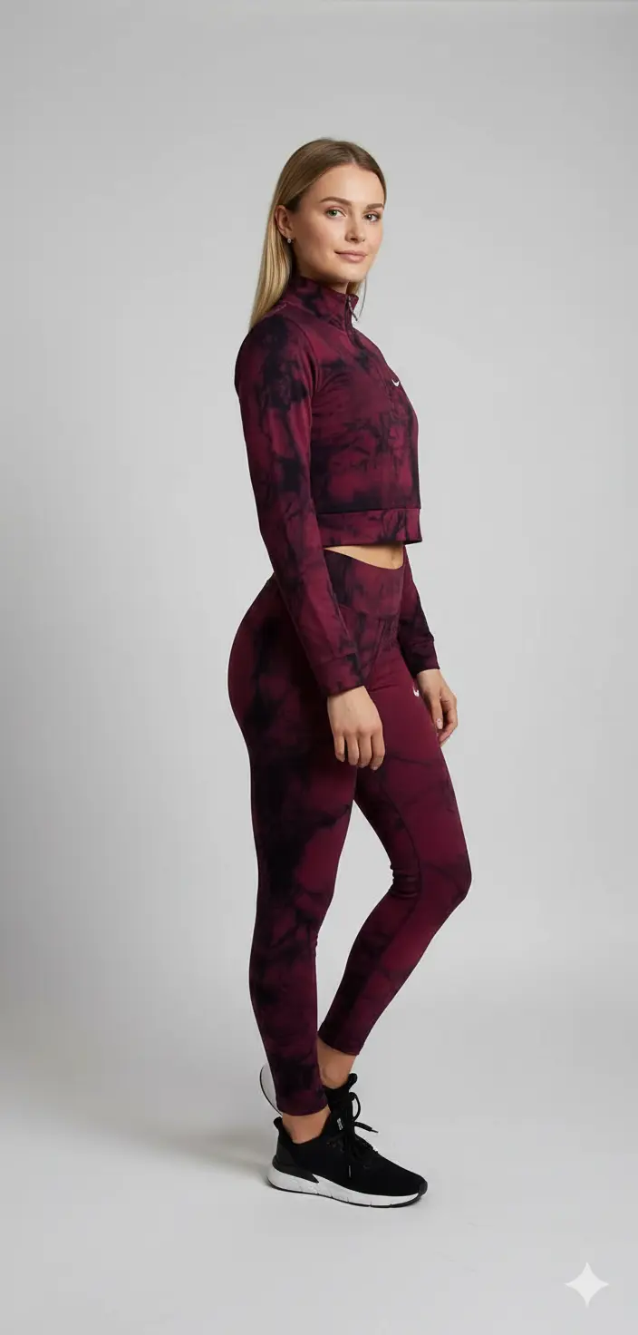Kadın Bordo Batik Tayt Takım | Yüksek Bel Toparlayıcı Sporcu Taytı ve Yarım Fermuarlı Uzun Kollu Crop Top Set | Dikişsiz Yoga & Fitness Giyimi - Görsel 2