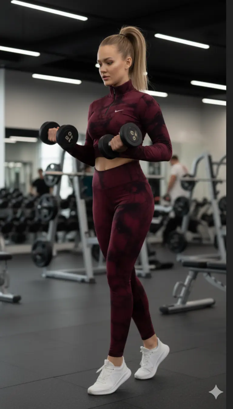 Kadın Bordo Batik Tayt Takım | Yüksek Bel Toparlayıcı Sporcu Taytı ve Yarım Fermuarlı Uzun Kollu Crop Top Set | Dikişsiz Yoga & Fitness Giyimi - Görsel 8